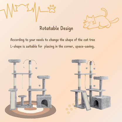 Rotatable Cat Tree 53.5In Multi-Level Cat Tower for Indoor Kittens/Large Cats, Pet House with Scratching Posts,Climbing Furniture Play Center, Light Gray